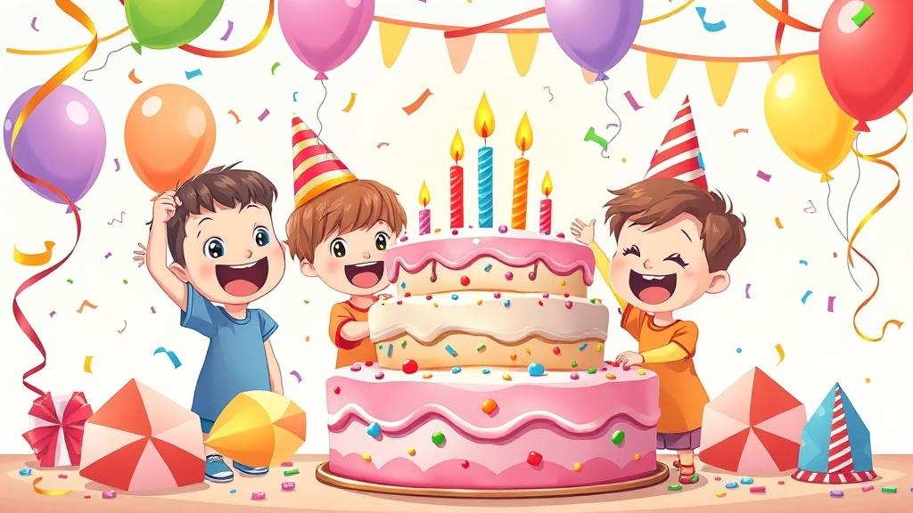 Children celebrating a birthday party with a big colorful cake balloons streamers and confetti