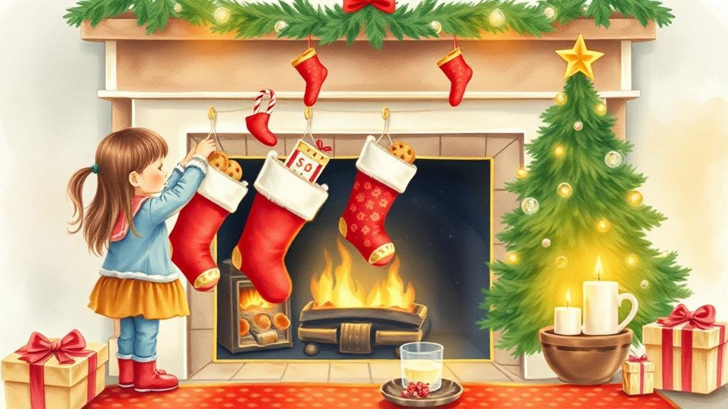 Watercolor style children hanging stockings by a fireplace on Christmas Eve with cookies and milk for Santa