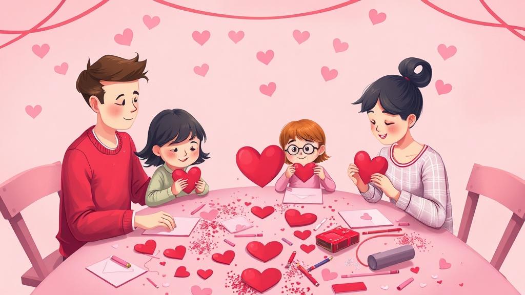 A family making heart-shaped valentines together at a table covered in red and pink paper and glitter