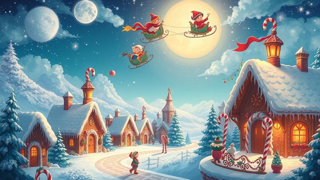 Fantasy art style a magical holiday village with gingerbread houses candy cane lampposts and children riding sleighs