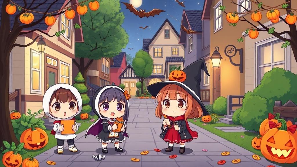 Anime chibi style children in cute Halloween costumes collecting candy in a charming neighborhood