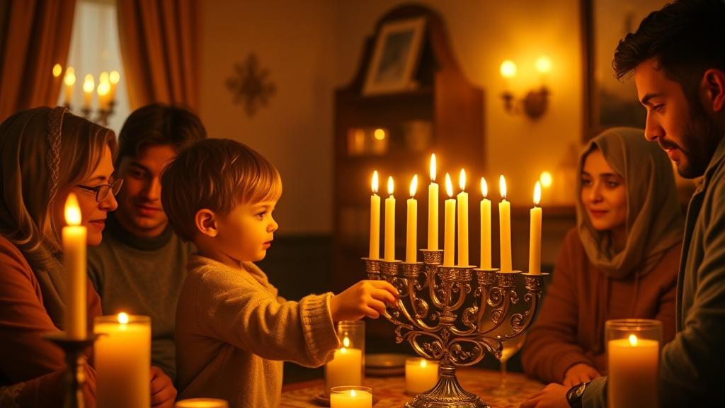 Cinematic style a child lighting a menorah with family gathered around in a warm candlelit room
