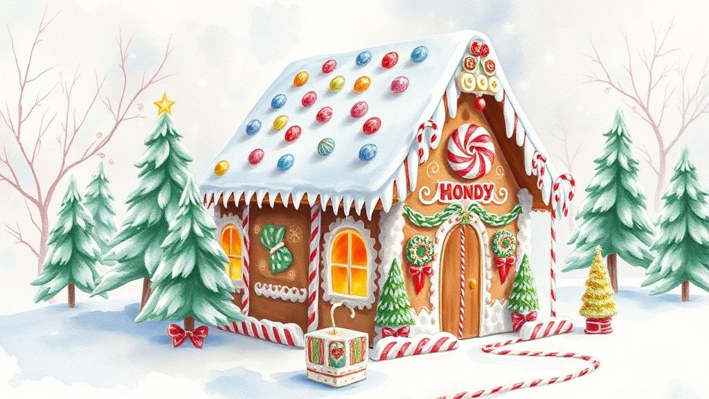 Watercolor style a gingerbread house covered in candy and frosting in a snowy winter wonderland with gumdrop trees