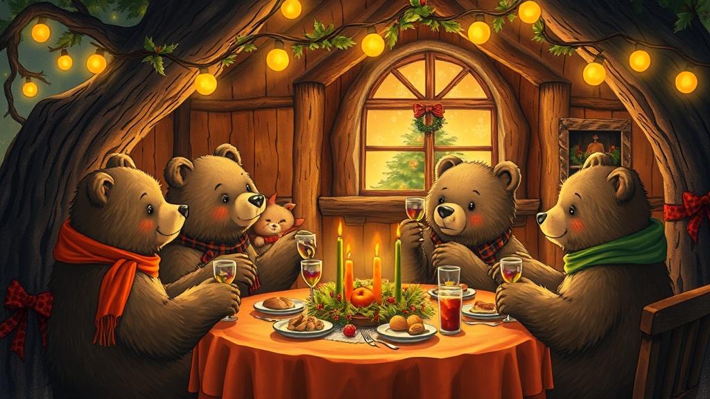 Classic storybook style a family of bears celebrating Christmas dinner together in a cozy treehouse decorated with holly and lights
