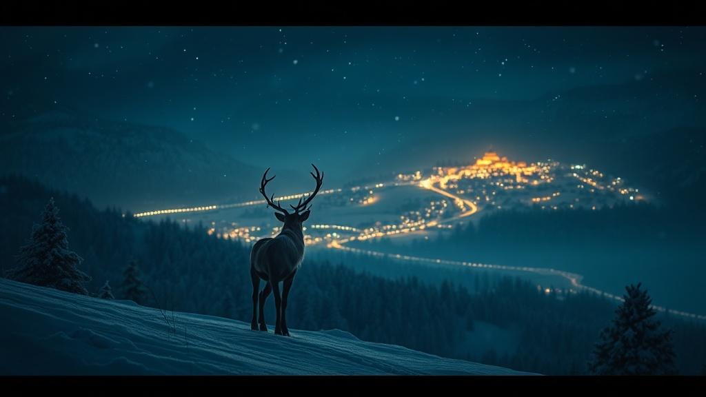 Cinematic style a lone reindeer standing on a snowy hilltop gazing at a distant glowing village on Christmas night