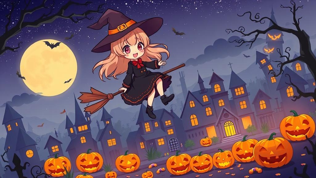 Anime chibi style a witch girl riding a broomstick over a Halloween town with jack-o-lanterns and candy scattered below