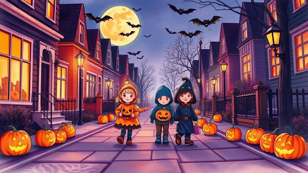 Adorable trick-or-treaters in costumes walking down a spooky moonlit street with jack-o-lanterns lining the sidewalk and bats flying overhead in watercolor style