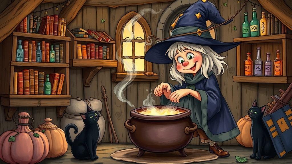 A friendly witch stirring a bubbling cauldron in a cozy cottage with spell books and potion bottles on the shelves and a black cat watching