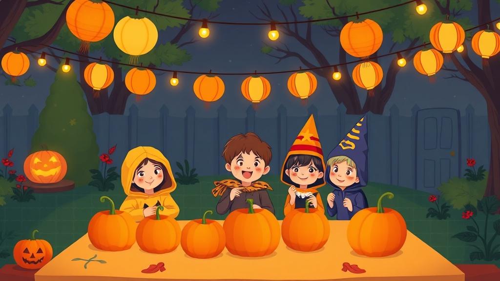 Children in Halloween costumes bobbing for apples at a festive backyard Halloween party with string lights and paper lanterns