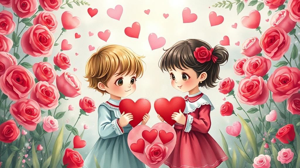 Two adorable children exchanging heart-shaped Valentine cards in a magical garden filled with red and pink roses, floating hearts, and sparkling love dust in watercolor style