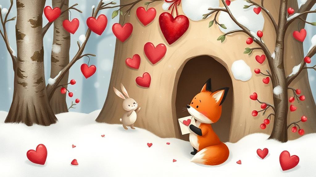 A shy little fox leaving a Valentine letter at the door of a rabbit friend's burrow in a snowy forest decorated with red hearts and winter berries