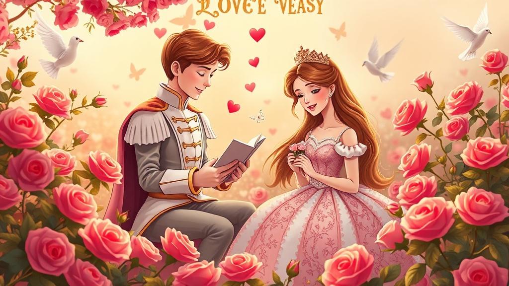Classic storybook style a prince and princess reading love letters in a rose garden with doves and butterflies
