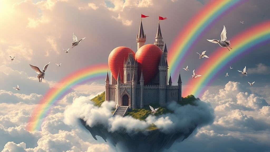 Fantasy art style a magnificent heart-shaped castle on a cloud island surrounded by rainbows and flying cupid angels