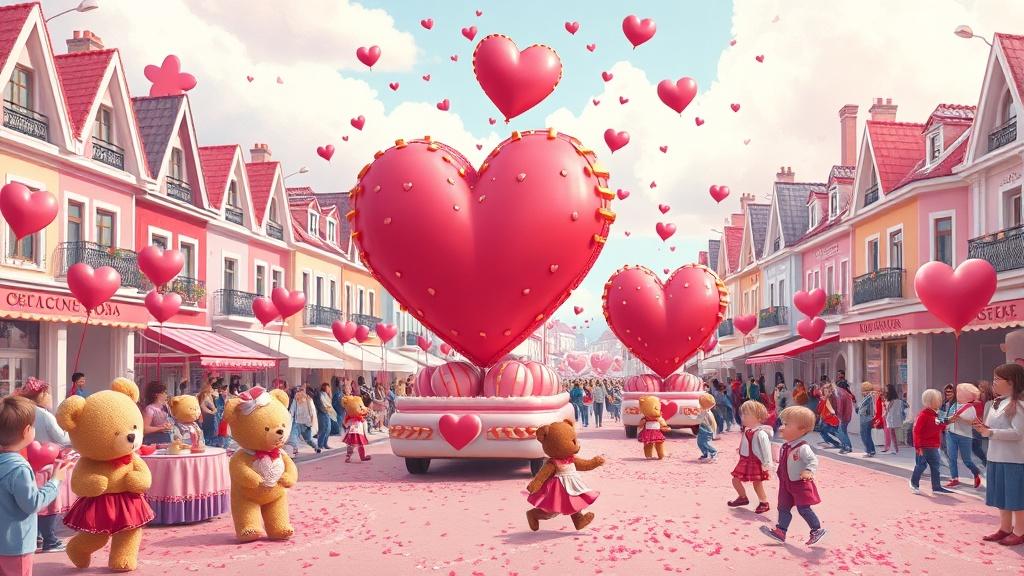 A Valentine's Day parade through a candy-colored town with floats shaped like giant hearts and children throwing heart-shaped confetti