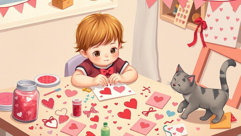 A child carefully making handmade Valentine cards at a craft table covered in glitter stickers and heart stamps with a cat playing with ribbon nearby