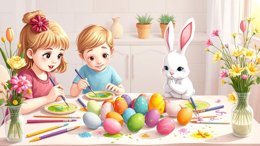 Children painting colorful Easter eggs at a craft table covered in paintbrushes glitter and ribbons with a fluffy bunny watching nearby