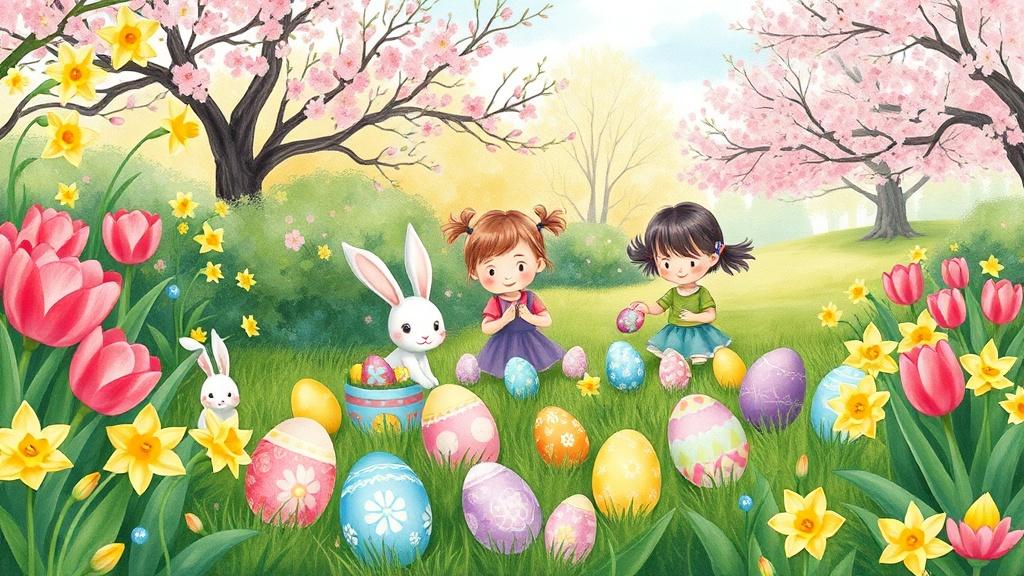Children on an Easter egg hunt in a beautiful spring garden with colorful painted eggs hidden among tulips daffodils and blooming cherry trees with adorable bunnies peeking from behind bushes in watercolor style