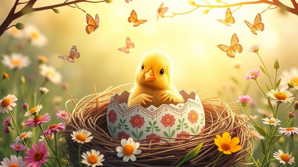 A baby chick hatching from a beautifully decorated Easter egg in a nest surrounded by spring wildflowers and butterflies with golden morning sunlight