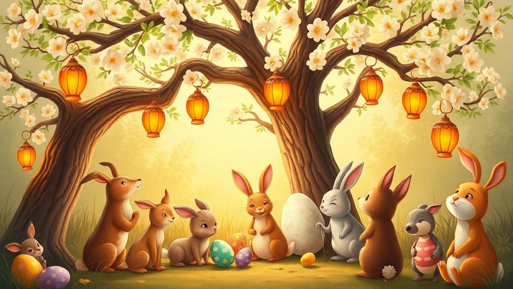 Classic storybook style woodland animals gathering for an Easter celebration under a giant flowering tree with decorated eggs and lanterns