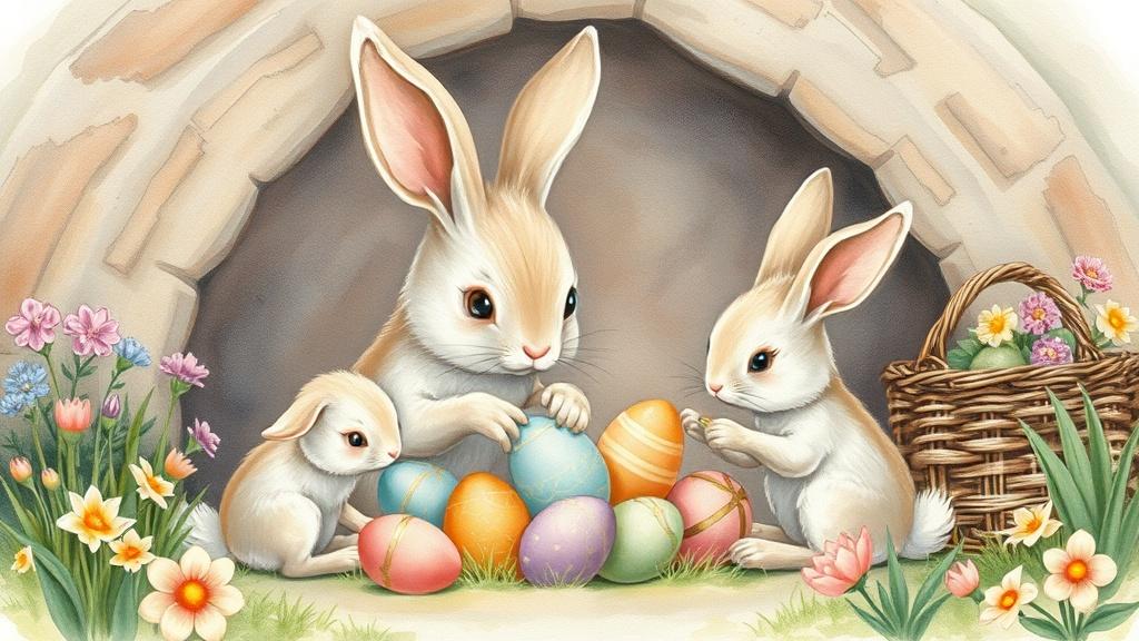 Watercolor style mother bunny and baby bunnies painting Easter eggs together in a cozy burrow surrounded by spring flowers