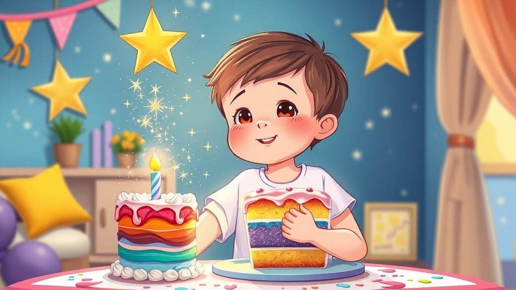 A child making a birthday wish on a star while holding a slice of rainbow cake with magical sparkles granting the wish