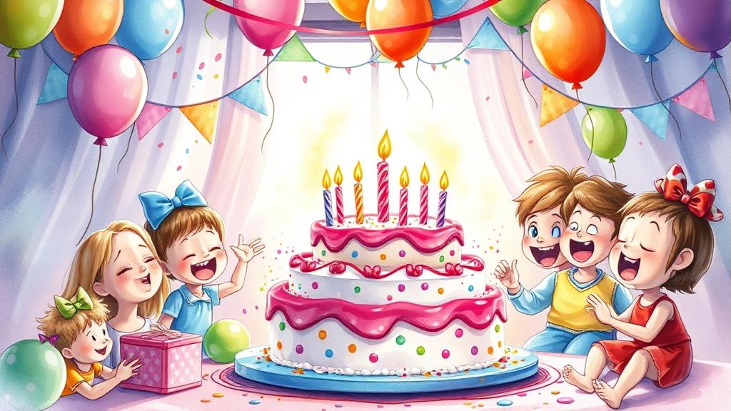 A joyful birthday party scene with a child blowing out candles on a magical cake surrounded by colorful balloons streamers and excited friends in a beautifully decorated room in watercolor style