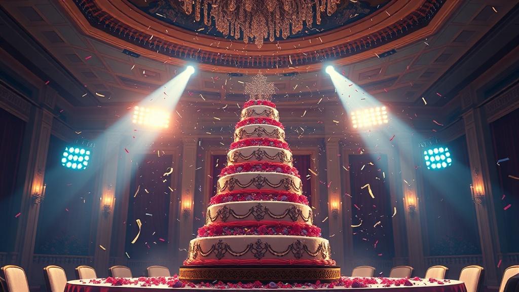 Cinematic style dramatic surprise birthday scene with spotlights illuminating a magnificent multi-tier cake while confetti rains down