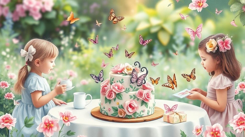 Watercolor style child and friends having a birthday tea party in a garden with a beautiful floral cake butterflies and wrapped presents