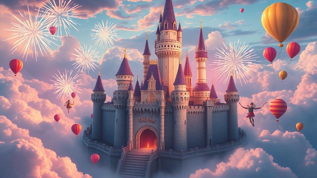 Fantasy art style spectacular birthday castle floating in the clouds with fireworks shooting from towers and children arriving on flying balloons