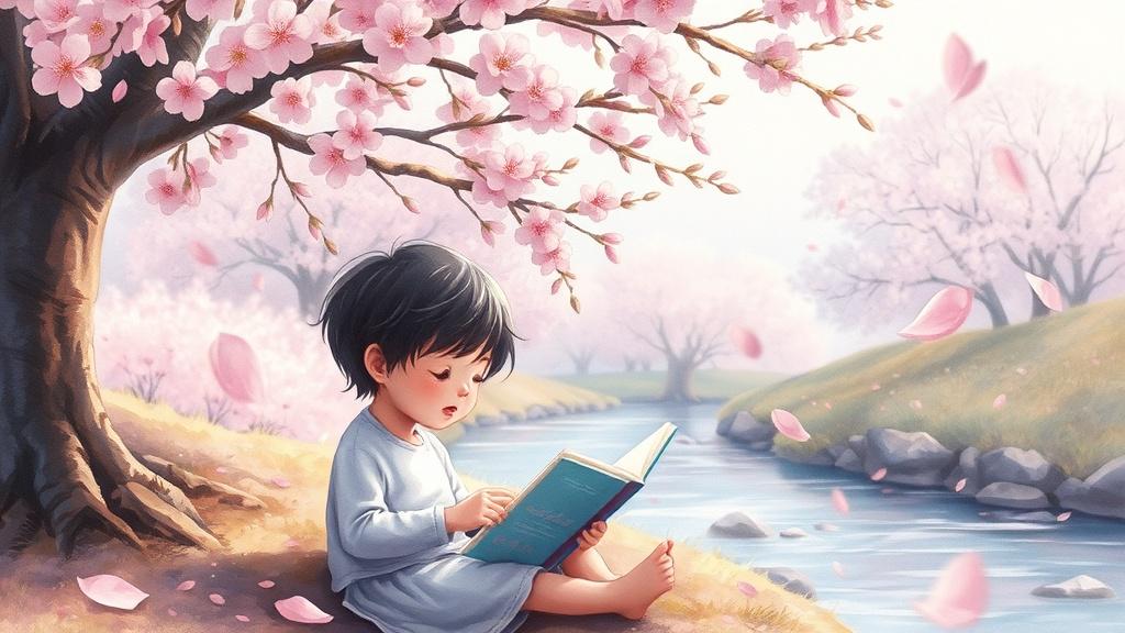 A child reading a picture book under a flowering cherry blossom tree with petals drifting softly in the breeze and a gentle stream nearby in watercolor painting style