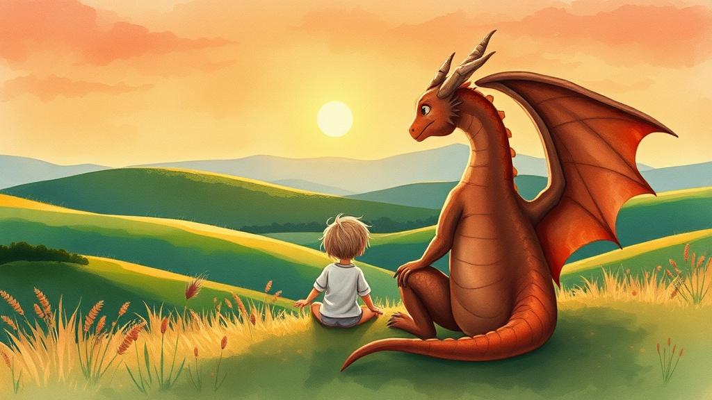 A dragon and a child sitting together watching a sunset over rolling green hills in watercolor painting style