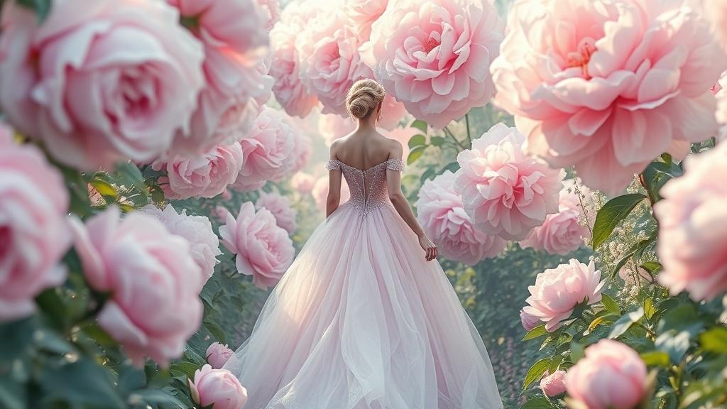 A princess walking through a garden of enormous roses and peonies with dewdrops in watercolor painting style