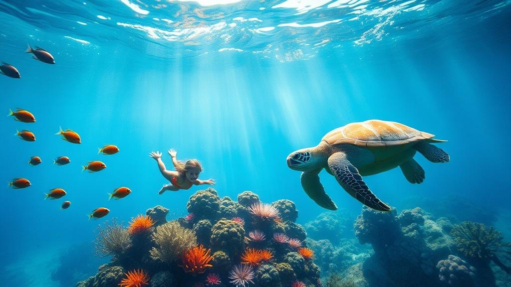 An underwater scene with a child swimming alongside colorful fish coral reefs and a gentle sea turtle in watercolor style