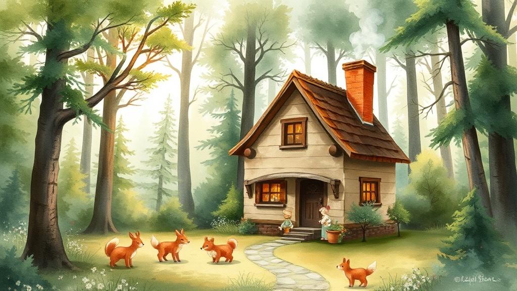 A cozy cottage in an enchanted forest clearing with smoke rising from the chimney and friendly woodland animals gathering around in watercolor style