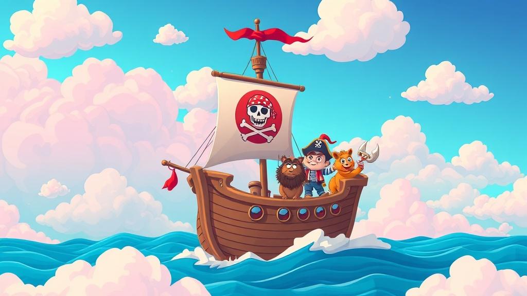 A cartoon pirate ship sailing through a sea of cotton candy clouds with a crew of funny animal pirates