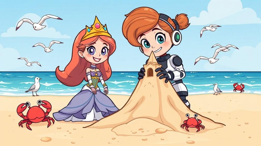 A cartoon princess and her robot friend building a sandcastle on a beach with crabs and seagulls watching