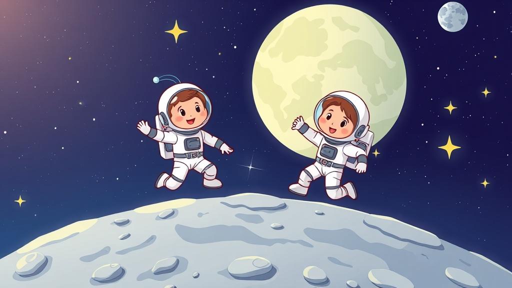 Cartoon astronaut kids bouncing on the moon surface with Earth in the background and stars all around