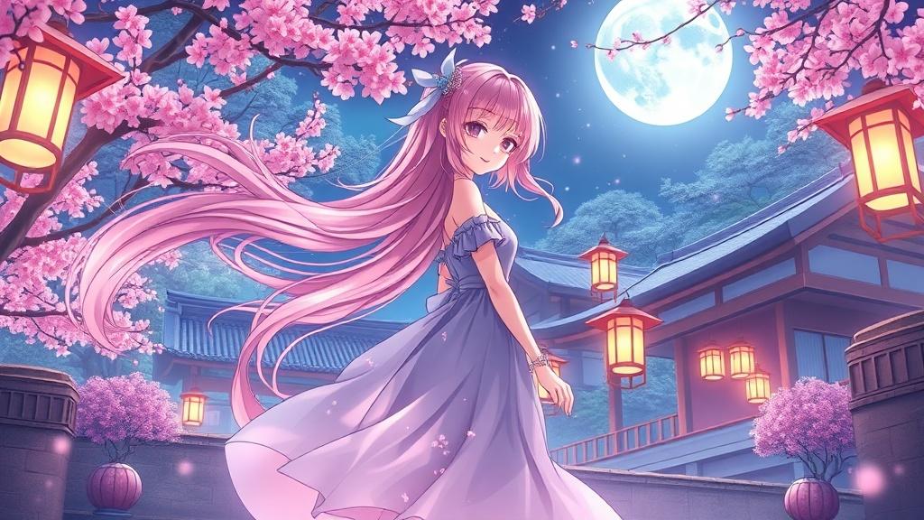 A magical anime girl with flowing cherry blossom pink hair standing in a moonlit Japanese garden with glowing lanterns dreamy anime art style with soft lighting and sparkles