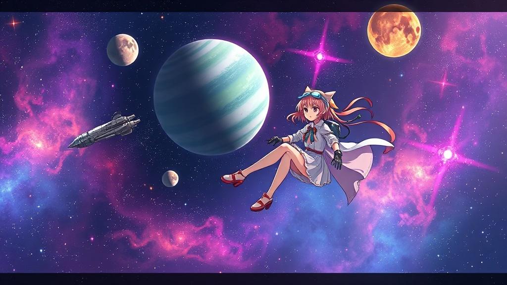 An anime space explorer girl floating among planets and nebulas in a colorful galaxy with her robot companion sci-fi anime art style
