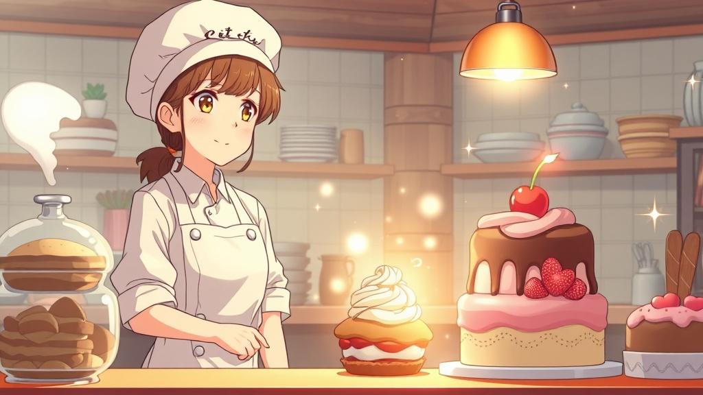 An anime style cozy bakery scene with a young pastry chef and magical desserts coming to life warm pastel anime colors with sparkle effects