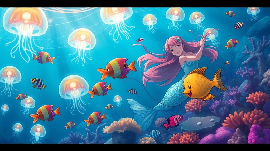 An anime style underwater scene with a young mermaid and colorful tropical fish swimming through a coral reef lit by bioluminescent jellyfish dreamy anime art