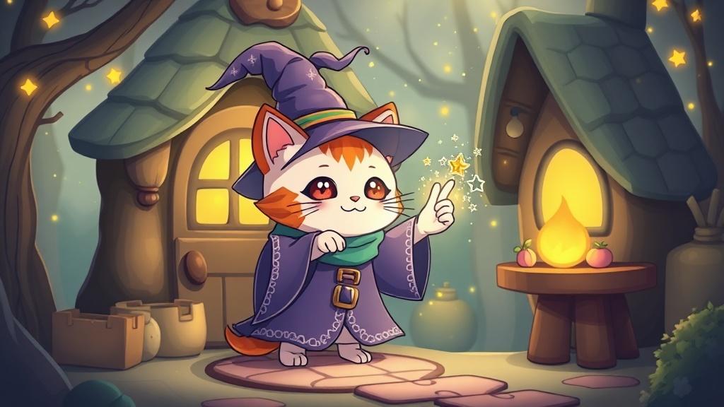 A chibi anime cat wizard casting a sparkling spell with tiny star particles floating around a cozy enchanted cottage cute kawaii anime style