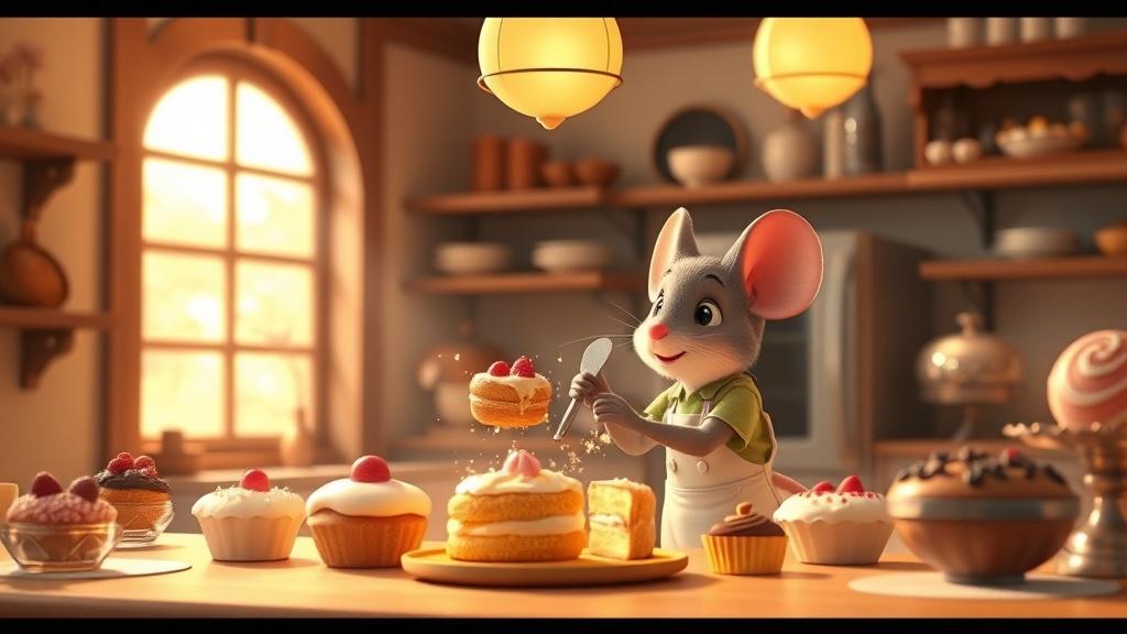 A cozy Pixar-style 3D animated bakery scene with a small mouse chef creating magical pastries that float and sparkle