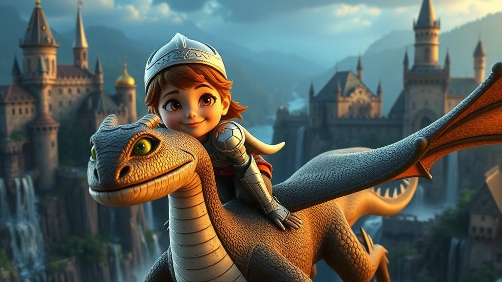 A brave Pixar-style 3D animated knight girl with freckles riding a friendly dragon over a medieval fantasy kingdom with castles and waterfalls