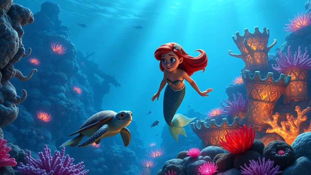 A Pixar-style 3D animated underwater scene with a young mermaid and her sea turtle friend exploring a glowing coral reef city
