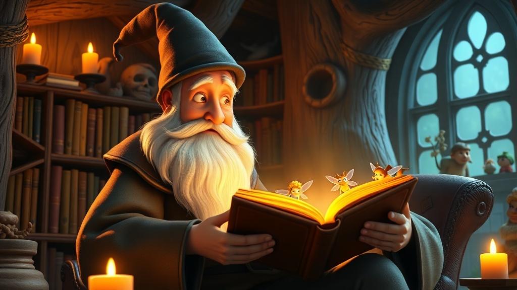 A Pixar-style 3D animated old wizard grandfather with a long white beard reading a glowing storybook to tiny fairy creatures