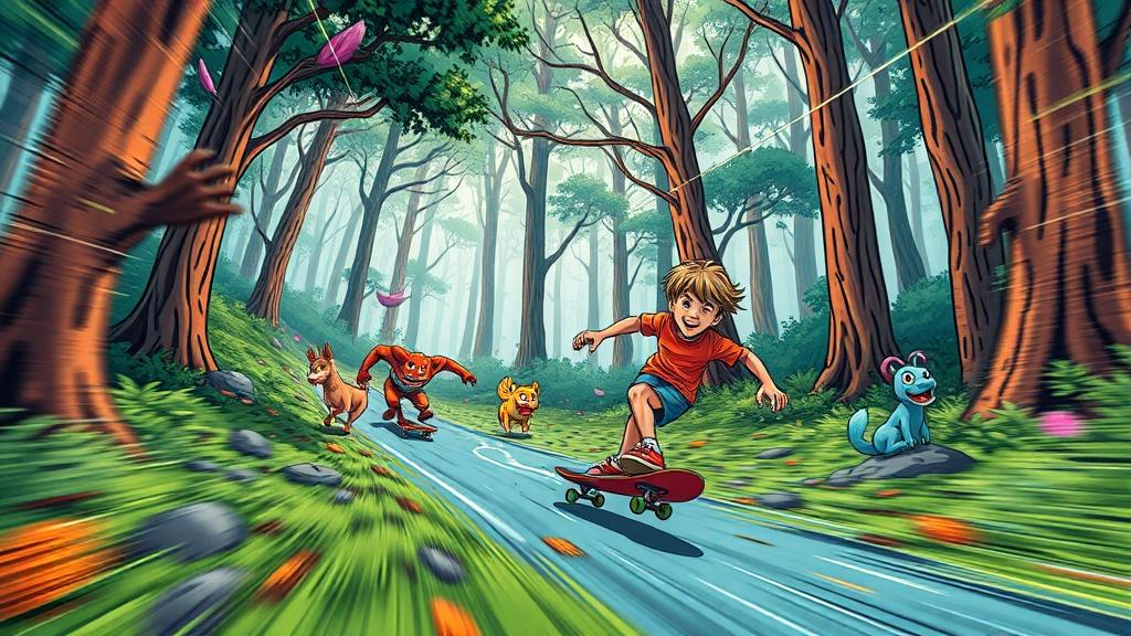 A comic book style chase scene through a magical forest with a kid on a skateboard being chased by friendly forest creatures motion blur and speed lines bold vivid art