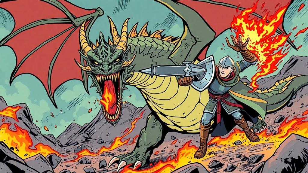 A comic book style dragon battle with a brave young knight fire effects and motion lines dramatic perspective with bold outlines and saturated colors