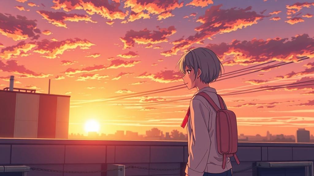A manga-style school rooftop scene at sunset with two students sharing a quiet moment delicate manga linework with emotional atmosphere