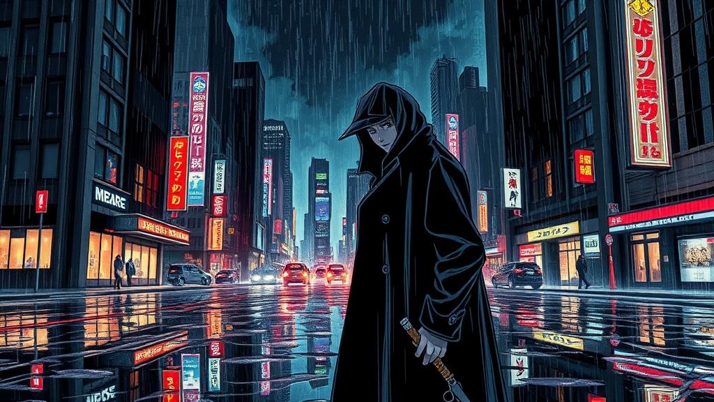A manga-style mysterious detective in a noir cityscape at night with rain and neon signs reflected in puddles atmospheric manga art